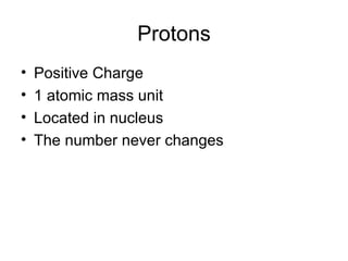 Protons Positive Charge 1 atomic mass unit Located in nucleus The number never changes 