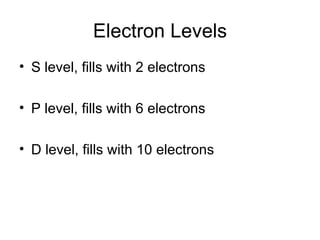 Electron Levels S level, fills with 2 electrons P level, fills with 6 electrons D level, fills with 10 electrons 
