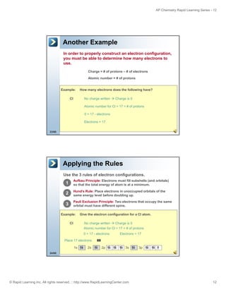 AP Chemistry Rapid Learning Series - 12

Another Example
In order to properly construct an electron configuration,
you must be able to determine how many electrons to
use.
Charge = # of protons – # of electrons
Atomic number = # of protons

Example:
Cl

How many electrons does the following have?
No charge written

Charge is 0

Atomic number for Cl = 17 = # of protons
0 = 17 - electrons
Electrons = 17
23/60

Applying the Rules
Use the 3 rules of electron configurations.

1

Aufbau Principle: Electrons must fill subshells (and orbitals)
so that the total energy of atom is at a minimum.

2

Hund’s R l Place electrons in unoccupied orbitals of the
H d’ Rule: Pl
l t
i
i d bit l f th
same energy level before doubling up.

3

Pauli Exclusion Principle: Two electrons that occupy the same
orbital must have different spins.

Example:
Cl

Give the electron configuration for a Cl atom.
No charge written

Charge is 0

Atomic number for Cl = 17 = # of protons
0 = 17 - electrons
Place 17 electrons
1s

2s

Electrons = 17

40
9
8
17
16
15
14
13
12
11
7
6
5
1
3
2
2p

3s

3p

24/60

© Rapid Learning Inc. All rights reserved. :: http://www.RapidLearningCenter.com

12

 