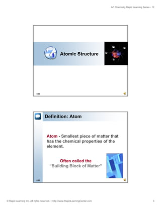 AP Chemistry Rapid Learning Series - 12

Atomic Structure

5/60

Definition: Atom

Atom - Smallest piece of matter that
has the chemical properties of the
element.

Often called the
“Building Block of Matter”

6/60

© Rapid Learning Inc. All rights reserved. :: http://www.RapidLearningCenter.com

3

 