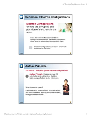 AP Chemistry Rapid Learning Series - 12

Definition: Electron Configurations
Electron Configurations –
g
p g
Shows the grouping and
position of electrons in an
atom.
Since the number of electrons and their
configuration determines the chemical properties
of the atom it is important to understand them.
atom,
them

Electron configurations use boxes for orbitals
and arrow for electrons.
17/60

Aufbau Principle
The first of 3 rules that govern electron configurations:

1

Aufbau Principle: Electrons must fill
(
)
subshells (and orbitals) so that the
total energy of atom is at a minimum.

What does this mean?
Electrons must fill the lowest available subshells
El t
t
th l
t
il bl
b h ll
and orbitals before moving on to the next higher
energy subshell/orbital.

18/60

© Rapid Learning Inc. All rights reserved. :: http://www.RapidLearningCenter.com

9

 