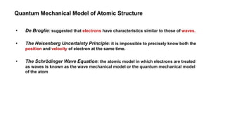 Quantum Mechanical Model of Atomic Structure
• De Broglie: suggested that electrons have characteristics similar to those of waves.
• The Heisenberg Uncertainty Principle: it is impossible to precisely know both the
position and velocity of electron at the same time.
• The Schrödinger Wave Equation: the atomic model in which electrons are treated
as waves is known as the wave mechanical model or the quantum mechanical model
of the atom
 
