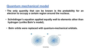 Quantum mechanical model
• The only quantity that can be known is the probability for an
electron to occupy a certain region around the nucleus.
• Schrödinger’s equation applied equally well to elements other than
hydrogen (unlike Bohr’s model).
• Bohr orbits were replaced with quantum-mechanical orbitals.
 