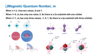 When n = 2, l has two values, 0 and 1.
Magnetic Quantum Number, m
When l = 0, ml has only one value, 0. So there is a 2s subshell with one orbital.
When l = 1, ml has only three values, -1, 0, 1. So there is a 2p subshell with three orbitals.
 