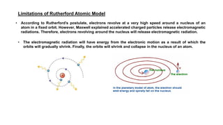 Limitations of Rutherford Atomic Model
• According to Rutherford’s postulate, electrons revolve at a very high speed around a nucleus of an
atom in a fixed orbit. However, Maxwell explained accelerated charged particles release electromagnetic
radiations. Therefore, electrons revolving around the nucleus will release electromagnetic radiation.
• The electromagnetic radiation will have energy from the electronic motion as a result of which the
orbits will gradually shrink. Finally, the orbits will shrink and collapse in the nucleus of an atom.
 