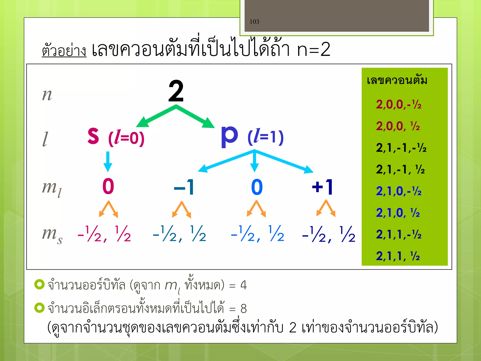 จานวนออร์บิทัล (ดูจาก ml ทั้งหมด) = 4 
จานวนอิเล็กตรอนทั้งหมดที่เป็นไปได๎ = 8 (ดูจากจานวนชุดของเลขควอนตัมซึ่งเทำกับ 2 เทำของจานวนออร์บิทัล) 
103 
ตัวอยำง เลขควอนตัมที่เป็นไปได๎ถ๎า n=2 
n l ml ms 
2 
s (l=0) 
p (l=1) 
0 
–1 0 +1 
-½, ½ 
-½, ½ 
-½, ½ 
-½, ½ 
l = 0  n–1 
ml = –l  l 
ms = –½,+½ 
เลขควอนตัม 
2,0,0,-½ 
2,0,0, ½ 
2,1,-1,-½ 
2,1,-1, ½ 
2,1,0,-½ 
2,1,0, ½ 
2,1,1,-½ 
2,1,1, ½  