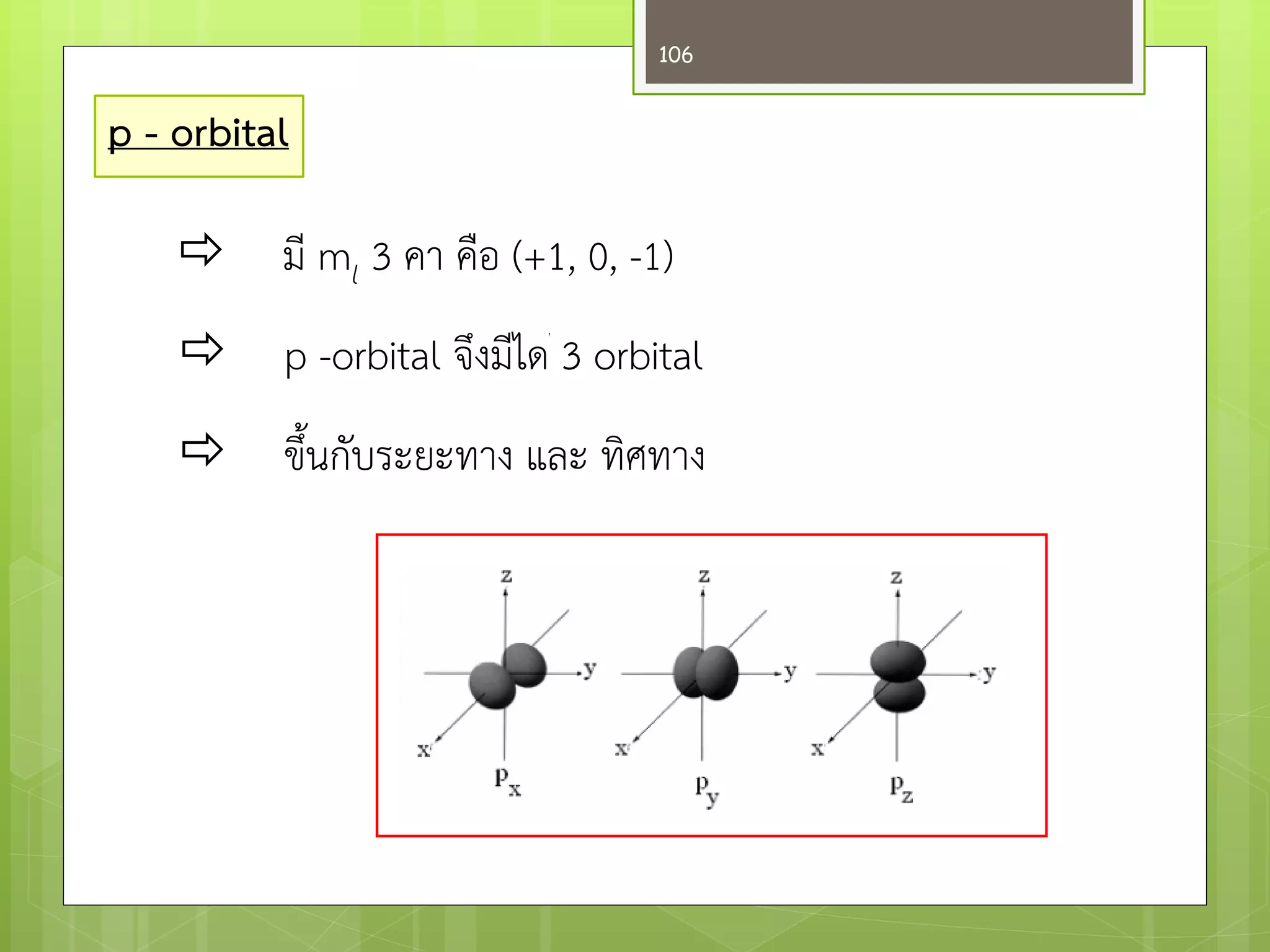 p - orbital 
มี ml 3 คา คือ (+1, 0, -1) 
p -orbital จึงมีได3 orbital 
ขึ้นกับระยะทาง และ ทิศทาง 
106  