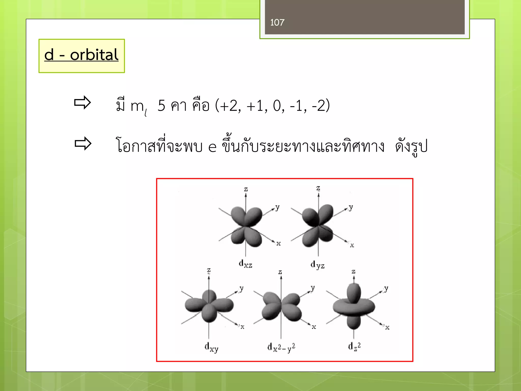 d - orbital 
มี ml 5 คา คือ (+2, +1, 0, -1, -2) 
โอกาสที่จะพบ e ขึ้นกับระยะทางและทิศทาง ดังรูป 
107  