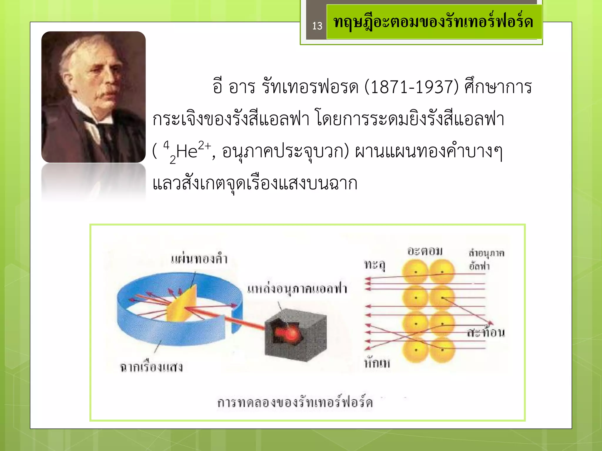 ทฤษฎีอะตอมของรัทเทอร์ฟอร์ด 
อี อารรัทเทอรฟอรด (1871-1937) ศึกษาการ กระเจิงของรังสีแอลฟา โดยการระดมยิงรังสีแอลฟา 
( 42He2+, อนุภาคประจุบวก) ผานแผนทองคาบางๆ 
แลวสังเกตจุดเรืองแสงบนฉาก 
13  