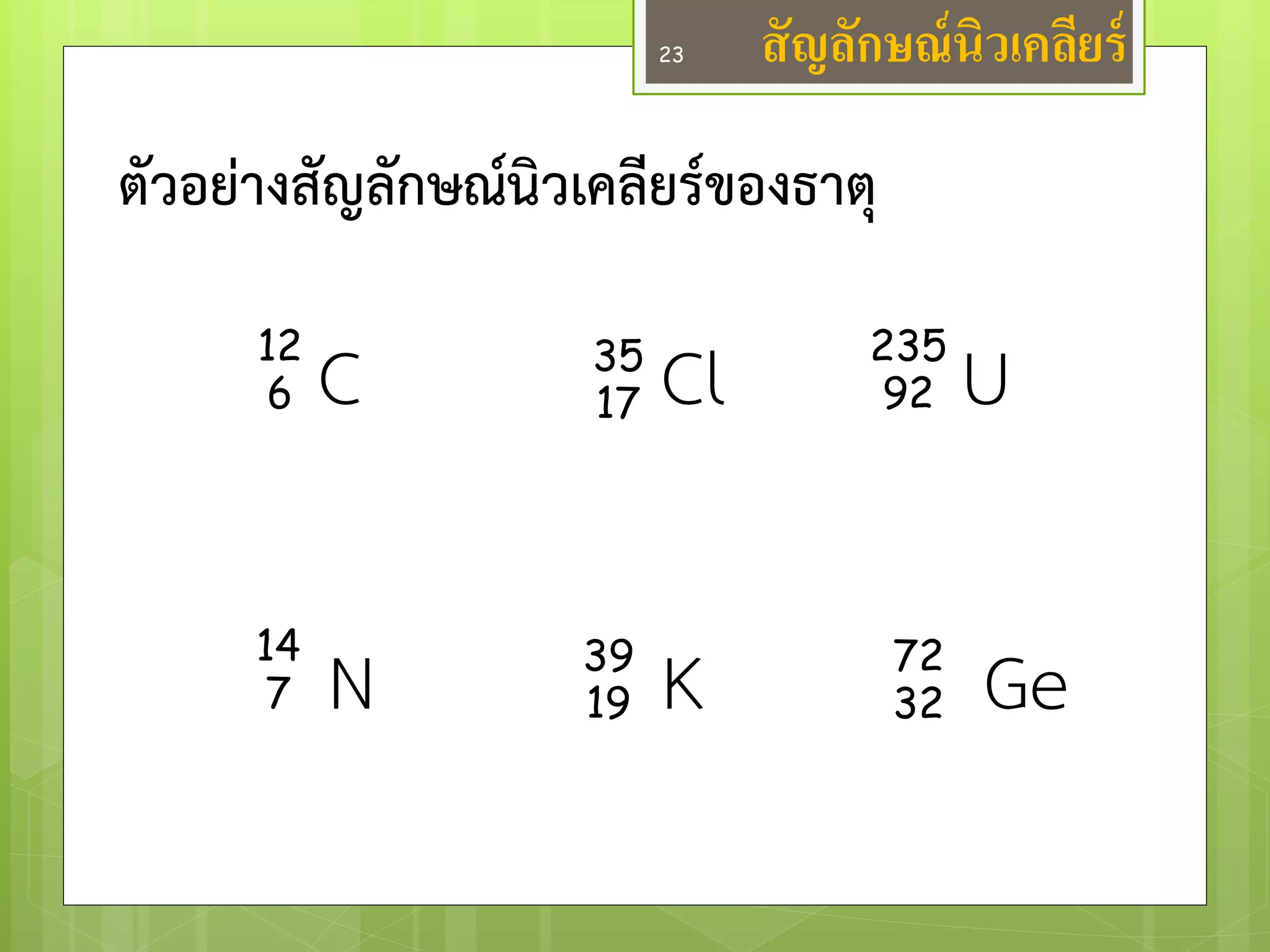 ตัวอย่างสัญลักษณ์นิวเคลียร์ของธาตุ 
C Cl U 
N K Ge 
12 
6 
14 
7 
35 
17 
235 
92 
39 
19 
72 
32 
สัญลักษณ์นิวเคลียร์ 
23  
