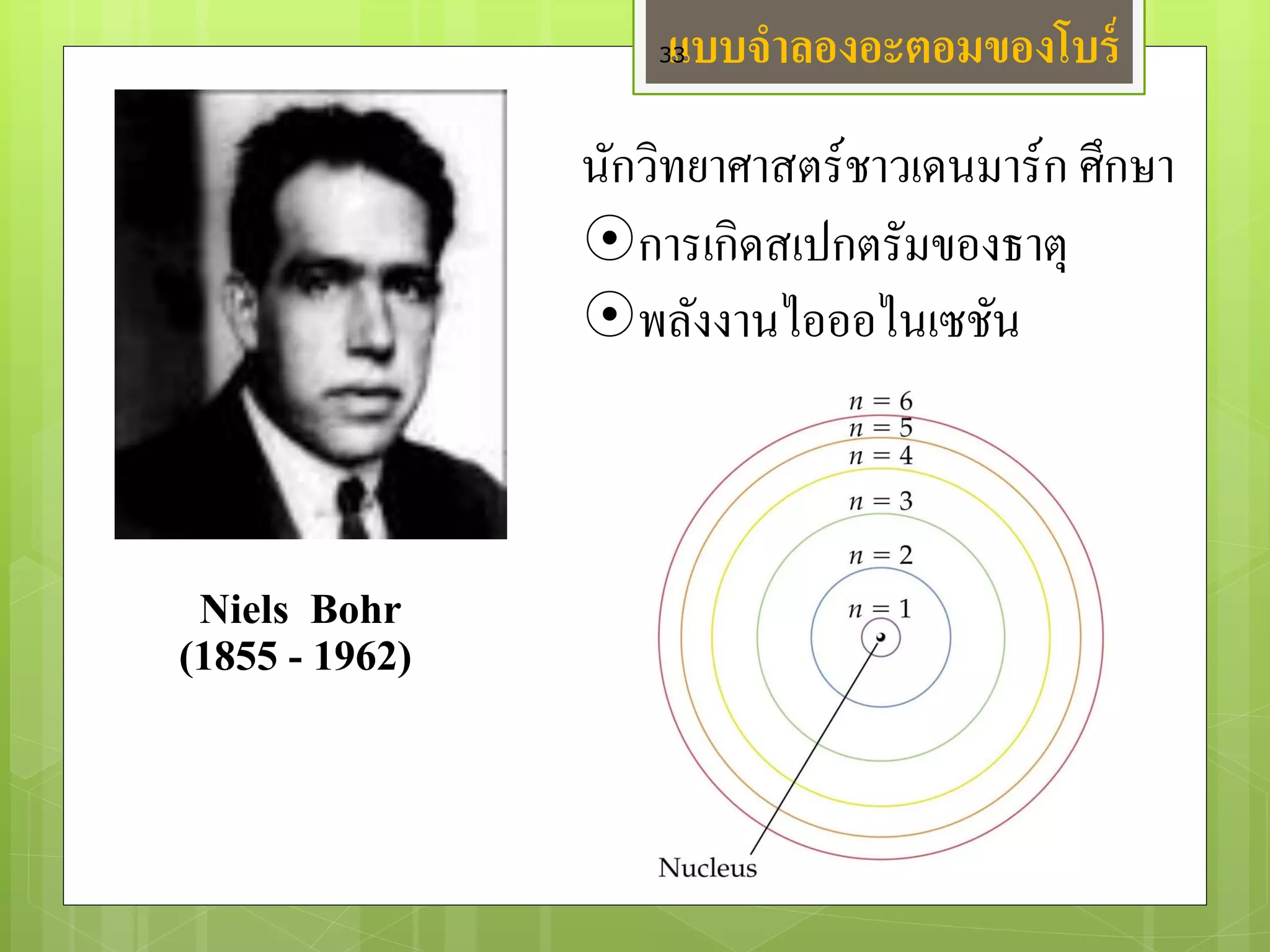 แบบจาลองอะตอมของโบร์ 
Niels Bohr 
(1855 - 1962) 
นักวิทยาศาสตร์ชาวเดนมาร์ก ศึกษา 
การเกิดสเปกตรัมของธาตุ 
พลังงานไอออไนเซชัน 
33  