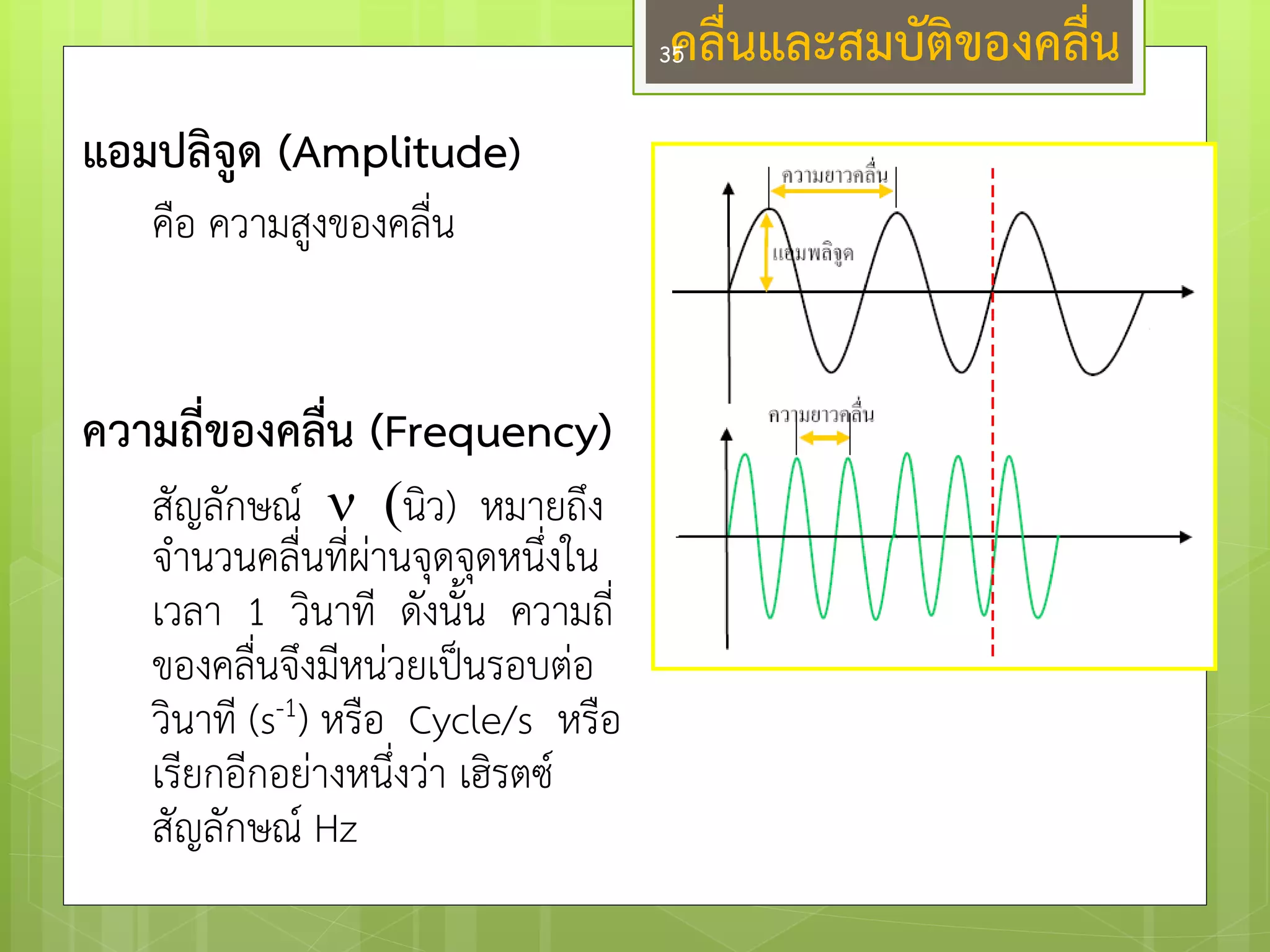 แอมปลิจูด (Amplitude) 
คือ ความสูงของคลื่น 
ความถี่ของคลื่น (Frequency) 
สัญลักษณ์ นิว) หมายถึง จานวนคลื่นที่ผำนจุดจุดหนึ่งใน เวลา 1 วินาที ดังนั้น ความถี่ ของคลื่นจึงมีหนํวยเป็นรอบตํอ วินาที (s-1) หรือ Cycle/s หรือ เรียกอีกอยำงหนึ่งวำ เฮิรตซ์ สัญลักษณ์ Hz 
คลื่นและสมบัติของคลื่น 
35  