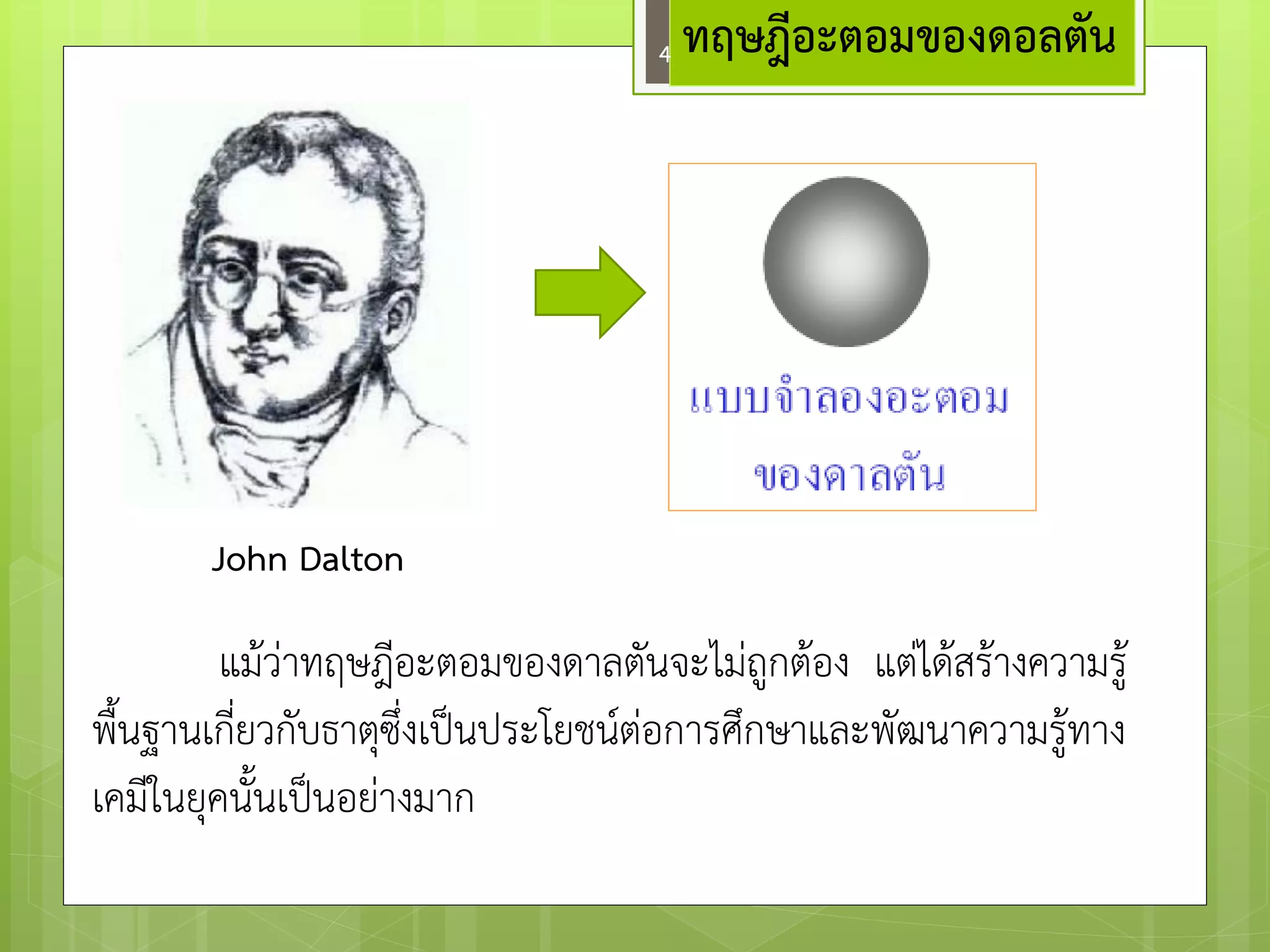 แม๎วำทฤษฎีอะตอมของดาลตันจะไมํถูกต๎อง แตํได๎สร๎างความรู๎ 
พื้นฐานเกี่ยวกับธาตุซึ่งเป็นประโยชน์ตํอการศึกษาและพัฒนาความรู๎ทาง 
เคมีในยุคนั้นเป็นอยำงมาก 
John Dalton 
ทฤษฎีอะตอมของดอลตัน 4 
 