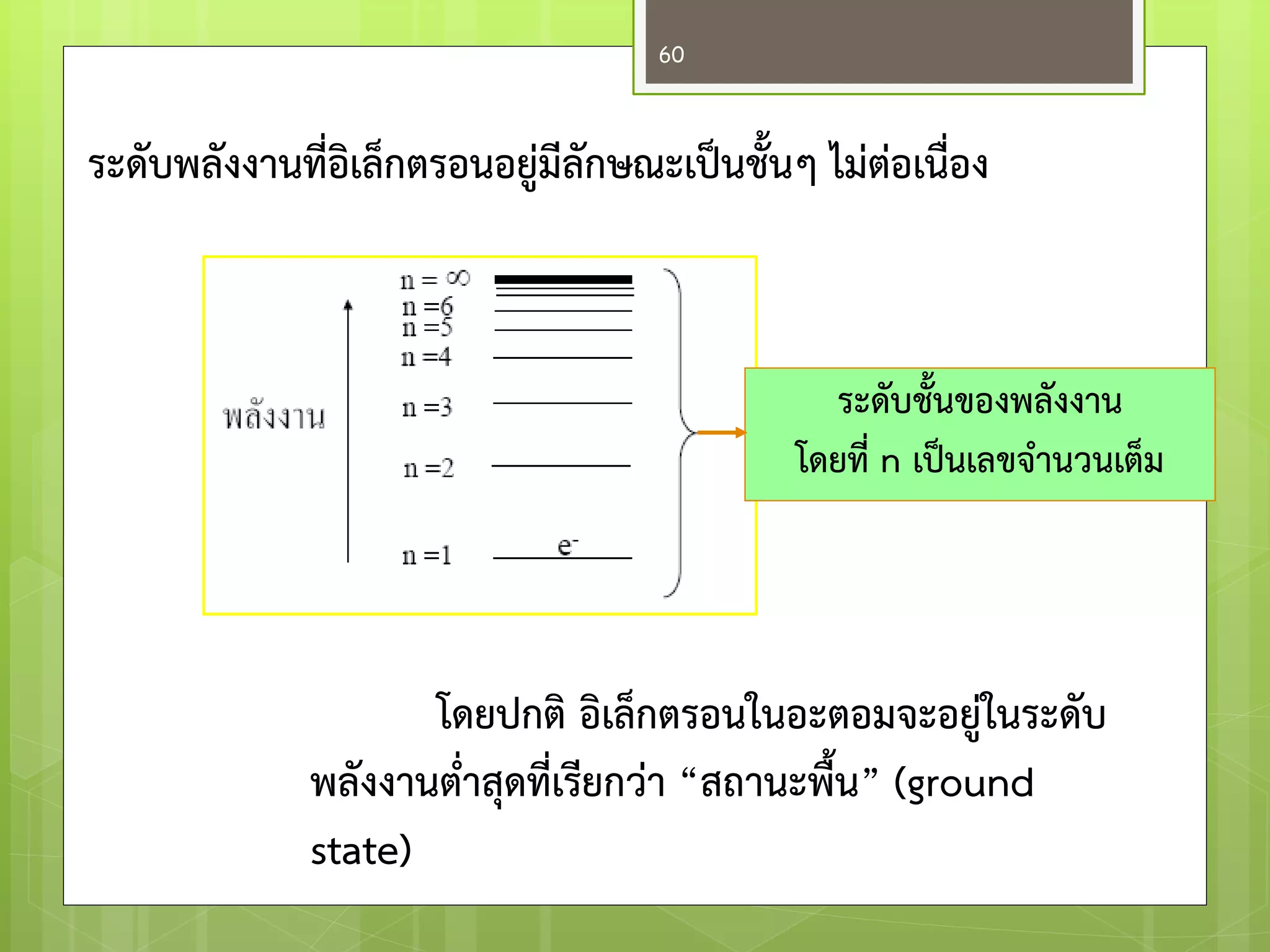 ระดับพลังงานที่อิเล็กตรอนอยู่มีลักษณะเป็นชั้นๆ ไม่ต่อเนื่อง 
ระดับชั้นของพลังงาน โดยที่ n เป็นเลขจ่านวนเต็ม 
โดยปกติ อิเล็กตรอนในอะตอมจะอยู่ในระดับ พลังงานต่่าสุดที่เรียกว่า “สถานะพื้น” (ground state) 
60  