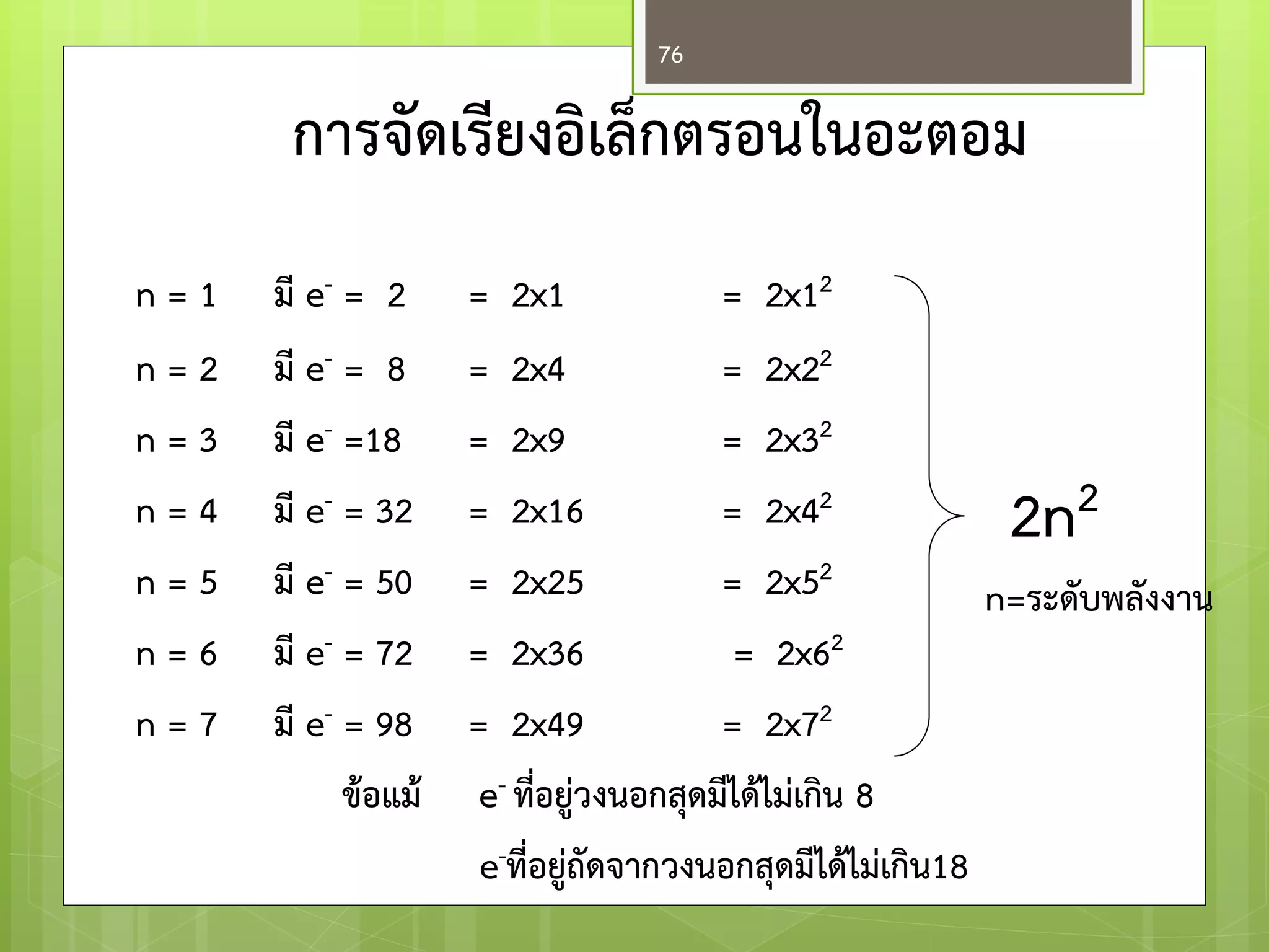 การจัดเรียงอิเล็กตรอนในอะตอม 
n = 1 มี e- = 2 = 2x1 = 2x12 
n = 2 มี e- = 8 = 2x4 = 2x22 
n = 3 มี e- =18 = 2x9 = 2x32 
n = 4 มี e- = 32 = 2x16 = 2x42 
n = 5 มี e- = 50 = 2x25 = 2x52 
n = 6 มี e- = 72 = 2x36 = 2x62 
n = 7 มี e- = 98 = 2x49 = 2x72 
ข้อแม้ e- ที่อยู่วงนอกสุดมีได้ไม่เกิน 8 
e-ที่อยู่ถัดจากวงนอกสุดมีได้ไม่เกิน18 
2n2 
n=ระดับพลังงาน 
76  