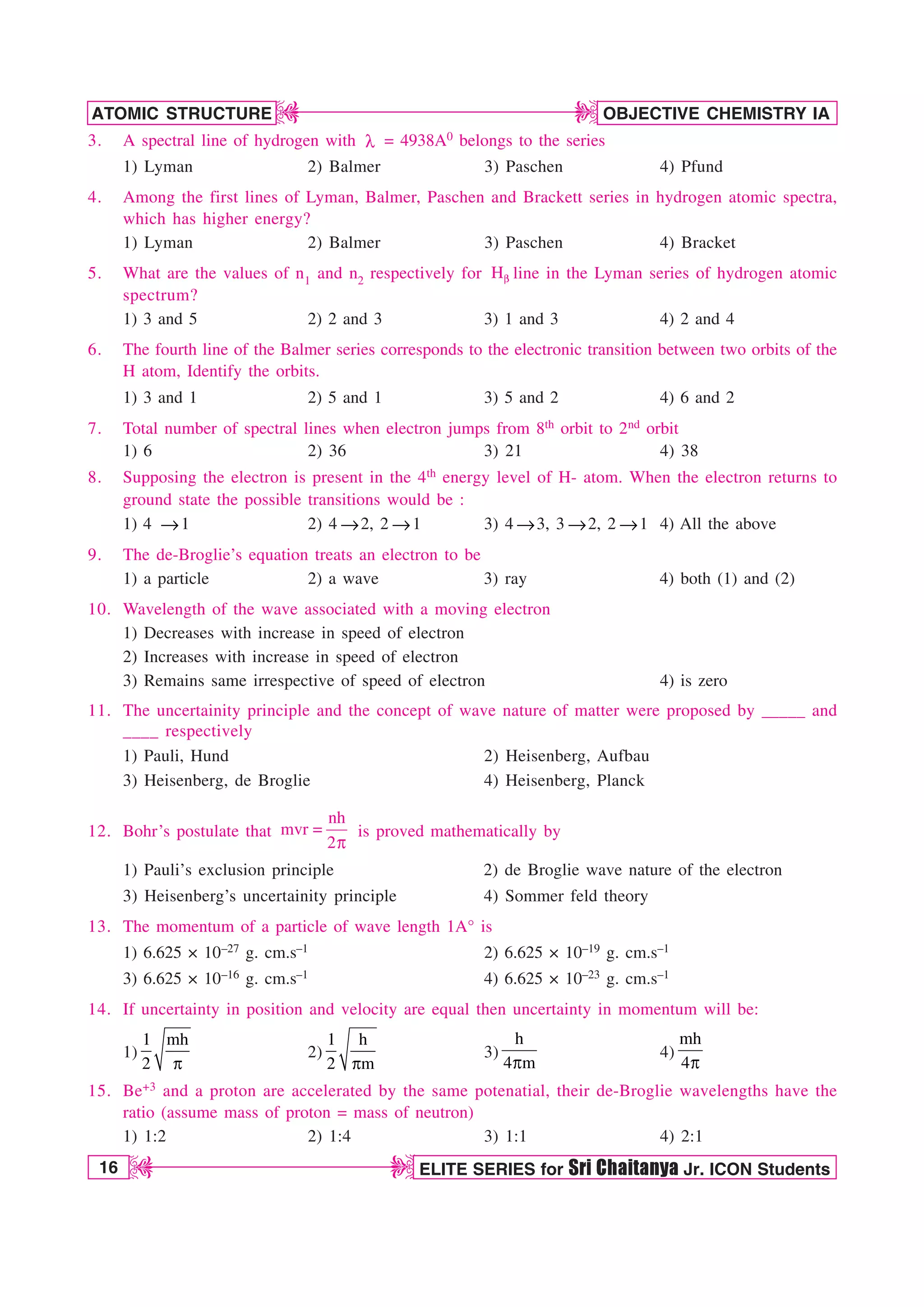 16 ELITE SERIES for Sri Chaitanya Jr. ICON Students
OBJECTIVE CHEMISTRY IA
ATOMIC STRUCTURE
D
D
D
D
3. A spectral line of hydrogen with M = 4938A0 belongs to the series
1) Lyman 2) Balmer 3) Paschen 4) Pfund
4. Among the first lines of Lyman, Balmer, Paschen and Brackett series in hydrogen atomic spectra,
which has higher energy?
1) Lyman 2) Balmer 3) Paschen 4) Bracket
5. What are the values of n1 and n2 respectively for HC line in the Lyman series of hydrogen atomic
spectrum?
1) 3 and 5 2) 2 and 3 3) 1 and 3 4) 2 and 4
6. The fourth line of the Balmer series corresponds to the electronic transition between two orbits of the
H atom, Identify the orbits.
1) 3 and 1 2) 5 and 1 3) 5 and 2 4) 6 and 2
7. Total number of spectral lines when electron jumps from 8th orbit to 2nd orbit
1) 6 2) 36 3) 21 4) 38
8. Supposing the electron is present in the 4th energy level of H- atom. When the electron returns to
ground state the possible transitions would be :
1) 4 →1 2) 4 →2, 2 →1 3) 4 →3, 3 →2, 2 →1 4) All the above
9. The de-Broglie’s equation treats an electron to be
1) a particle 2) a wave 3) ray 4) both (1) and (2)
10. Wavelength of the wave associated with a moving electron
1) Decreases with increase in speed of electron
2) Increases with increase in speed of electron
3) Remains same irrespective of speed of electron 4) is zero
11. The uncertainity principle and the concept of wave nature of matter were proposed by _____ and
____ respectively
1) Pauli, Hund 2) Heisenberg, Aufbau
3) Heisenberg, de Broglie 4) Heisenberg, Planck
12. Bohr’s postulate that
nh
mvr
2

Q
is proved mathematically by
1) Pauli’s exclusion principle 2) de Broglie wave nature of the electron
3) Heisenberg’s uncertainity principle 4) Sommer feld theory
13. The momentum of a particle of wave length 1A° is
1) 6.625 × 10–27 g. cm.s–1 2) 6.625 × 10–19 g. cm.s–1
3) 6.625 × 10–16 g. cm.s–1 4) 6.625 × 10–23 g. cm.s–1
14. If uncertainty in position and velocity are equal then uncertainty in momentum will be:
1)
1 mh
2 Q
2)
1 h
2 m
Q
3)
h
4 m
Q
4)
mh
4Q
15. Be+3 and a proton are accelerated by the same potenatial, their de-Broglie wavelengths have the
ratio (assume mass of proton = mass of neutron)
1) 1:2 2) 1:4 3) 1:1 4) 2:1
 