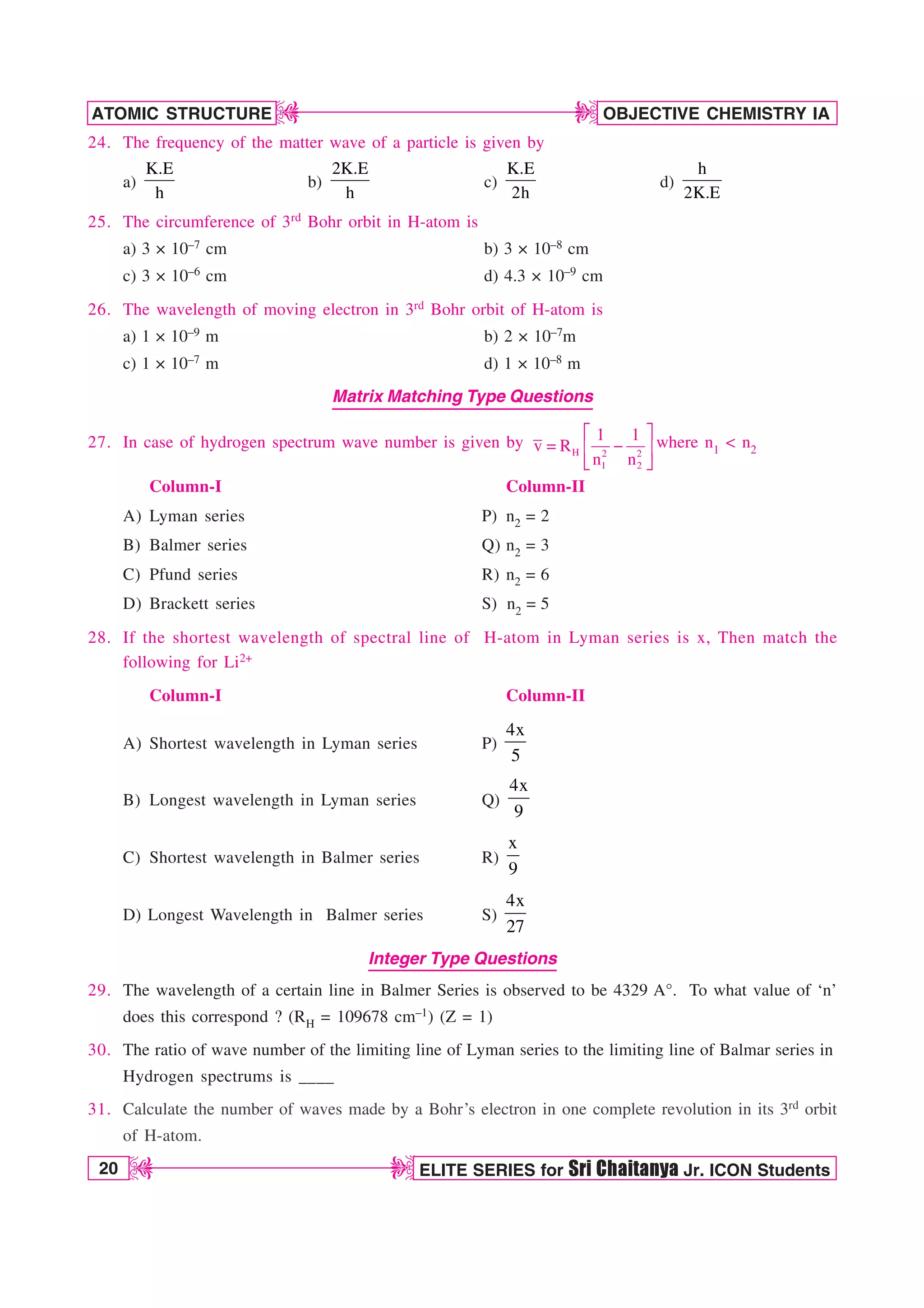 20 ELITE SERIES for Sri Chaitanya Jr. ICON Students
OBJECTIVE CHEMISTRY IA
ATOMIC STRUCTURE
D
D
D
D
24. The frequency of the matter wave of a particle is given by
a)
K.E
h
b)
2K.E
h
c)
K.E
2h
d)
h
2K.E
25. The circumference of 3rd Bohr orbit in H-atom is
a) 3 × 10–7 cm b) 3 × 10–8 cm
c) 3 × 10–6 cm d) 4.3 × 10–9 cm
26. The wavelength of moving electron in 3rd Bohr orbit of H-atom is
a) 1 × 10–9 m b) 2 × 10–7m
c) 1 × 10–7 m d) 1 × 10–8 m
Matrix Matching Type Questions
27. In case of hydrogen spectrum wave number is given by H 2 2
1 2
1 1
v R
n n
¨ ·
 
© ¸
ª ¹
where n1  n2
Column-I Column-II
A) Lyman series P) n2 = 2
B) Balmer series Q) n2 = 3
C) Pfund series R) n2 = 6
D) Brackett series S) n2 = 5
28. If the shortest wavelength of spectral line of H-atom in Lyman series is x, Then match the
following for Li2+
Column-I Column-II
A) Shortest wavelength in Lyman series P)
4x
5
B) Longest wavelength in Lyman series Q)
4x
9
C) Shortest wavelength in Balmer series R)
x
9
D) Longest Wavelength in Balmer series S)
4x
27
Integer Type Questions
29. The wavelength of a certain line in Balmer Series is observed to be 4329 A°. To what value of ‘n’
does this correspond ? (RH = 109678 cm–1) (Z = 1)
30. The ratio of wave number of the limiting line of Lyman series to the limiting line of Balmar series in
Hydrogen spectrums is ____
31. Calculate the number of waves made by a Bohr’s electron in one complete revolution in its 3rd orbit
of H-atom.
 