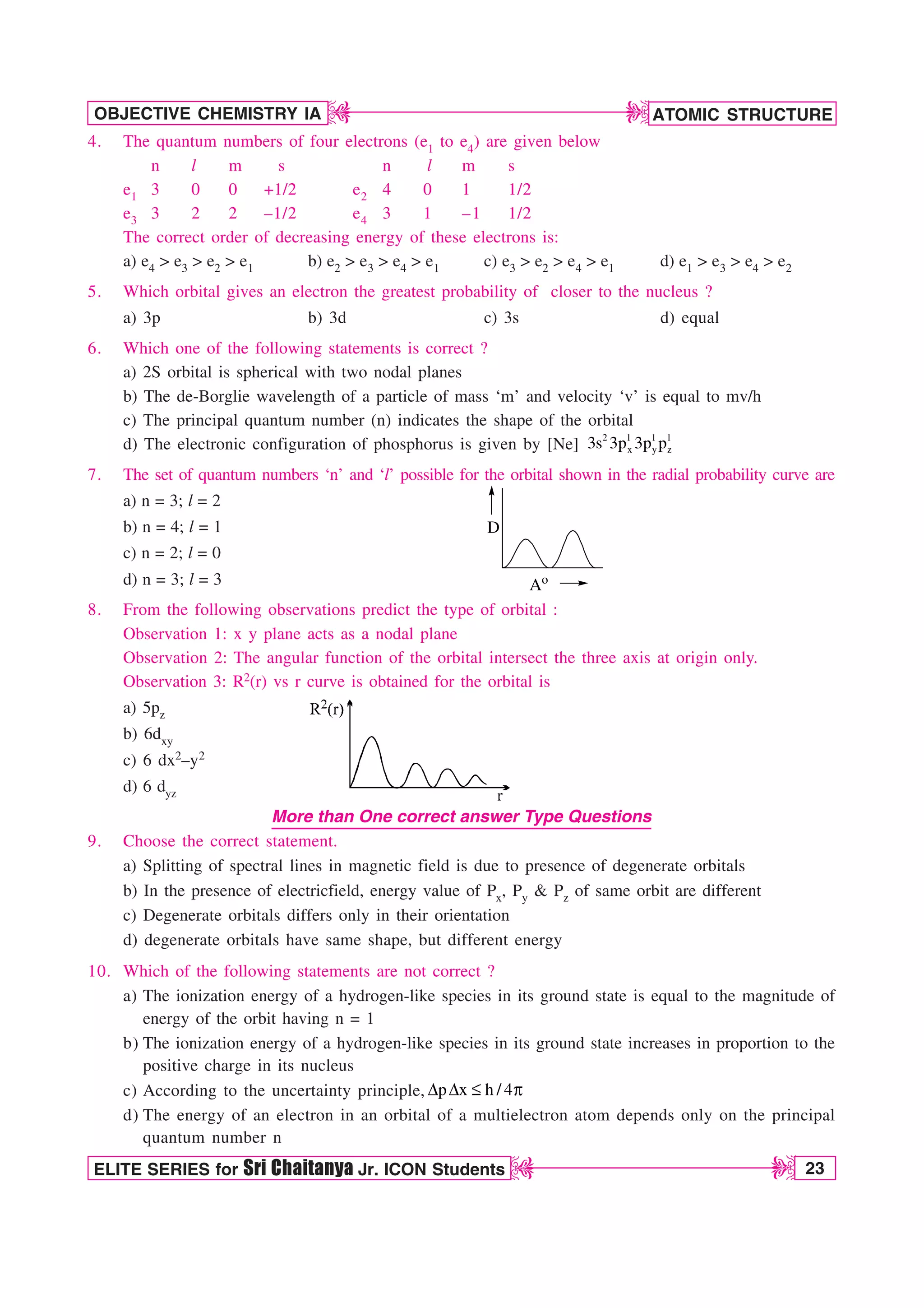 ATOMIC STRUCTURE
23
OBJECTIVE CHEMISTRY IA
ELITE SERIES for Sri Chaitanya Jr. ICON Students
D
D
D
D
4. The quantum numbers of four electrons (e1 to e4) are given below
n l m s n l m s
e1 3 0 0 +1/2 e2 4 0 1 1/2
e3 3 2 2 –1/2 e4 3 1 –1 1/2
The correct order of decreasing energy of these electrons is:
a) e4  e3  e2  e1 b) e2  e3  e4  e1 c) e3  e2  e4  e1 d) e1  e3  e4  e2
5. Which orbital gives an electron the greatest probability of closer to the nucleus ?
a) 3p b) 3d c) 3s d) equal
6. Which one of the following statements is correct ?
a) 2S orbital is spherical with two nodal planes
b) The de-Borglie wavelength of a particle of mass ‘m’ and velocity ‘v’ is equal to mv/h
c) The principal quantum number (n) indicates the shape of the orbital
d) The electronic configuration of phosphorus is given by [Ne]
2 1 1 1
x y z
3s 3p 3p p
7. The set of quantum numbers ‘n’ and ‘l’ possible for the orbital shown in the radial probability curve are
a) n = 3; l = 2
b) n = 4; l = 1 D
Ao
c) n = 2; l = 0
d) n = 3; l = 3
8. From the following observations predict the type of orbital :
Observation 1: x y plane acts as a nodal plane
Observation 2: The angular function of the orbital intersect the three axis at origin only.
Observation 3: R2(r) vs r curve is obtained for the orbital is
a) 5pz
b) 6dxy
c) 6 dx2–y2
d) 6 dyz
More than One correct answer Type Questions
9. Choose the correct statement.
a) Splitting of spectral lines in magnetic field is due to presence of degenerate orbitals
b) In the presence of electricfield, energy value of Px, Py  Pz of same orbit are different
c) Degenerate orbitals differs only in their orientation
d) degenerate orbitals have same shape, but different energy
10. Which of the following statements are not correct ?
a) The ionization energy of a hydrogen-like species in its ground state is equal to the magnitude of
energy of the orbit having n = 1
b) The ionization energy of a hydrogen-like species in its ground state increases in proportion to the
positive charge in its nucleus
c) According to the uncertainty principle, p x h / 4
% % b Q
d) The energy of an electron in an orbital of a multielectron atom depends only on the principal
quantum number n
 