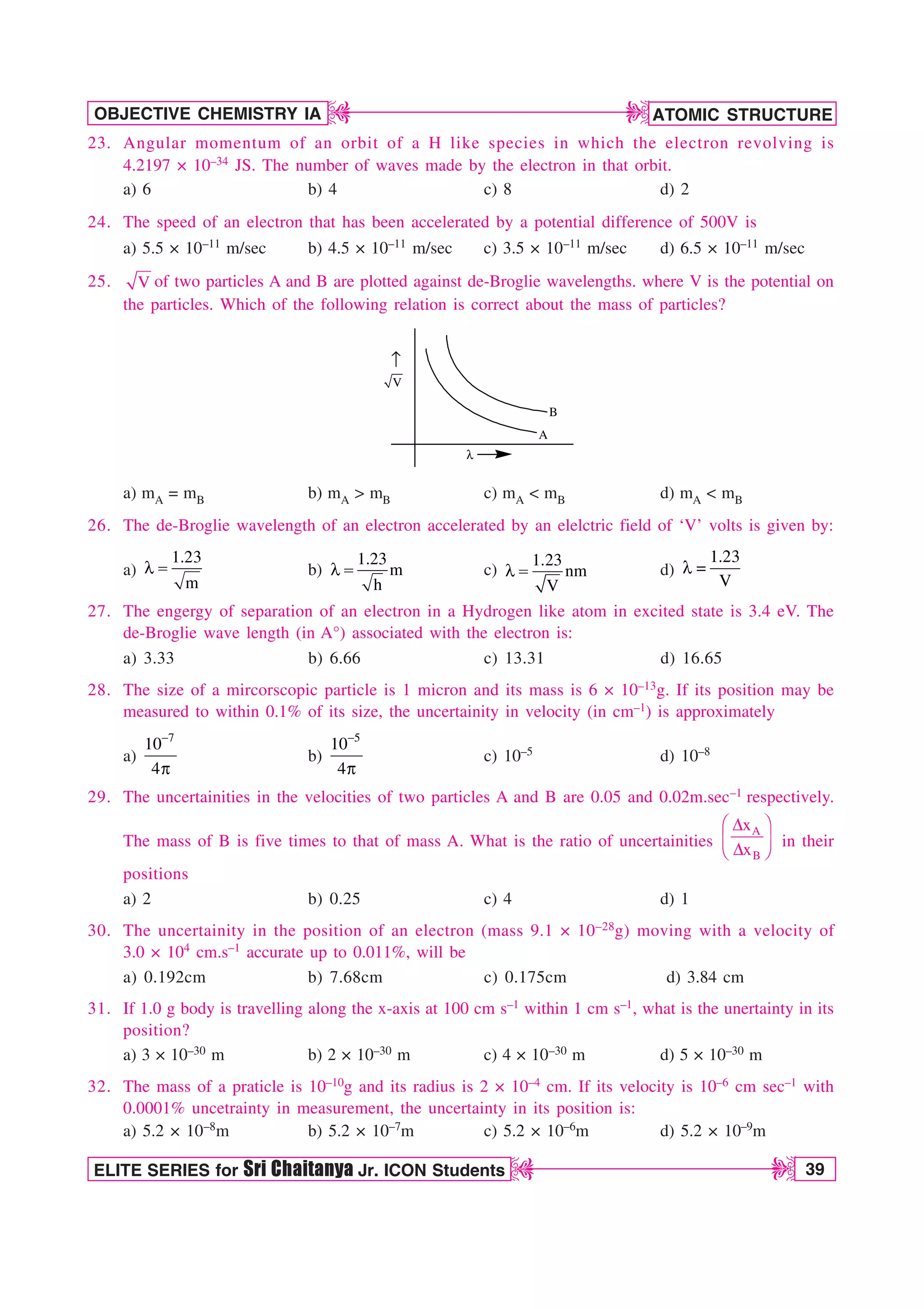ATOMIC STRUCTURE
39
OBJECTIVE CHEMISTRY IA
ELITE SERIES for Sri Chaitanya Jr. ICON Students
D
D
D
D
23. Angular momentum of an orbit of a H like species in which the electron revolving is
4.2197 × 10–34 JS. The number of waves made by the electron in that orbit.
a) 6 b) 4 c) 8 d) 2
24. The speed of an electron that has been accelerated by a potential difference of 500V is
a) 5.5 × 10–11 m/sec b) 4.5 × 10–11 m/sec c) 3.5 × 10–11 m/sec d) 6.5 × 10–11 m/sec
25. V of two particles A and B are plotted against de-Broglie wavelengths. where V is the potential on
the particles. Which of the following relation is correct about the mass of particles?
↑
B
A
λ
V
a) mA = mB b) mA  mB c) mA  mB d) mA  mB
26. The de-Broglie wavelength of an electron accelerated by an elelctric field of ‘V’ volts is given by:
a)
1.23
m
M  b)
1.23
m
h
M  c)
1.23
nm
V
M  d)
1.23
V
M 
27. The engergy of separation of an electron in a Hydrogen like atom in excited state is 3.4 eV. The
de-Broglie wave length (in A°) associated with the electron is:
a) 3.33 b) 6.66 c) 13.31 d) 16.65
28. The size of a mircorscopic particle is 1 micron and its mass is 6 × 10–13g. If its position may be
measured to within 0.1% of its size, the uncertainity in velocity (in cm–1) is approximately
a)
7
10
4

Q
b)
5
10
4

Q
c) 10–5 d) 10–8
29. The uncertainities in the velocities of two particles A and B are 0.05 and 0.02m.sec–1 respectively.
The mass of B is five times to that of mass A. What is the ratio of uncertainities
A
B
x
x
¥ ´
%
¦ µ
%
§ ¶
in their
positions
a) 2 b) 0.25 c) 4 d) 1
30. The uncertainity in the position of an electron (mass 9.1 × 10–28g) moving with a velocity of
3.0 × 104 cm.s–1 accurate up to 0.011%, will be
a) 0.192cm b) 7.68cm c) 0.175cm d) 3.84 cm
31. If 1.0 g body is travelling along the x-axis at 100 cm s–1 within 1 cm s–1, what is the unertainty in its
position?
a) 3 × 10–30 m b) 2 × 10–30 m c) 4 × 10–30 m d) 5 × 10–30 m
32. The mass of a praticle is 10–10g and its radius is 2 × 10–4 cm. If its velocity is 10–6 cm sec–1 with
0.0001% uncetrainty in measurement, the uncertainty in its position is:
a) 5.2 × 10–8m b) 5.2 × 10–7m c) 5.2 × 10–6m d) 5.2 × 10–9m
 