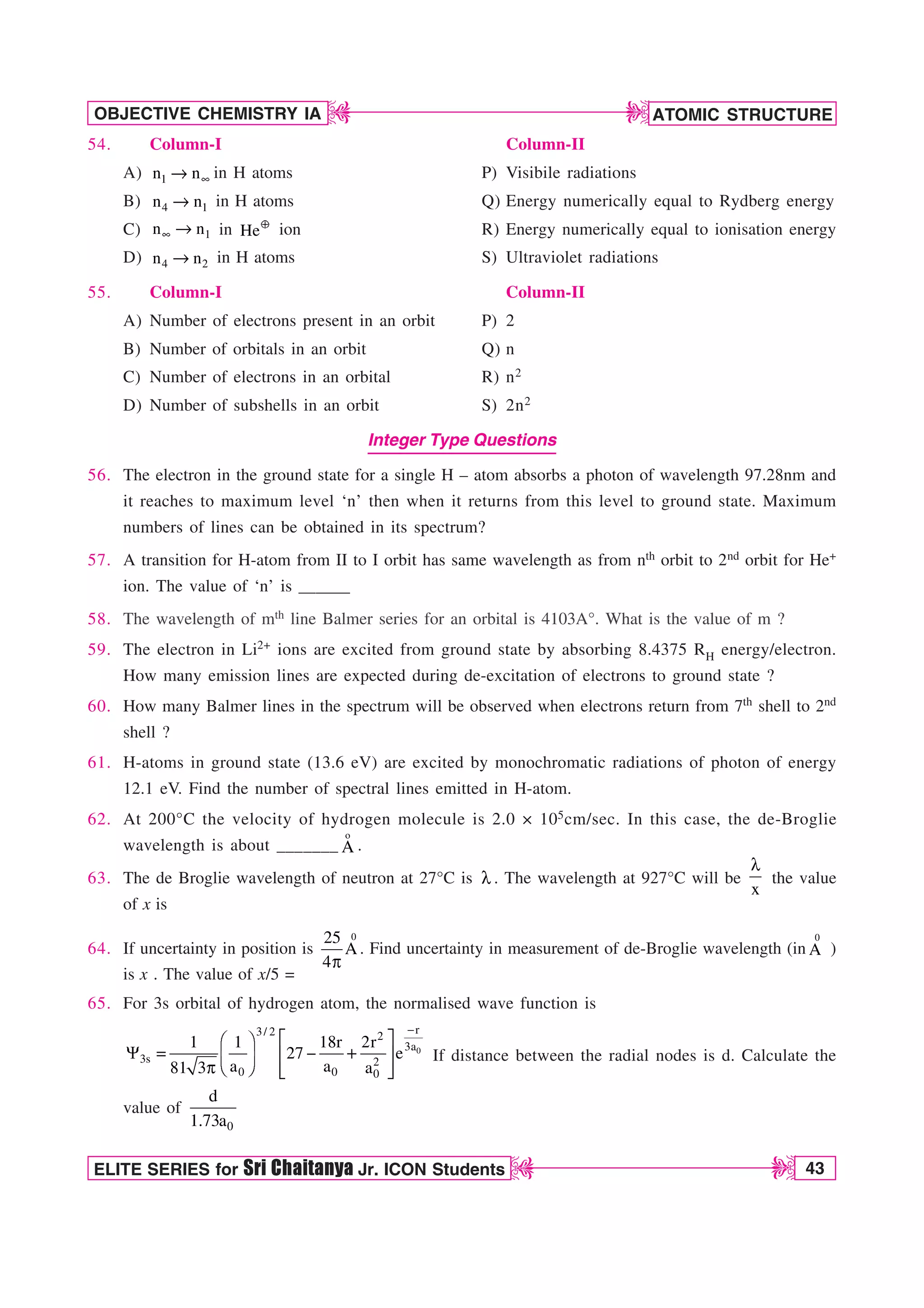 ATOMIC STRUCTURE
43
OBJECTIVE CHEMISTRY IA
ELITE SERIES for Sri Chaitanya Jr. ICON Students
D
D
D
D
54. Column-I Column-II
A) d
m
1
n n in H atoms P) Visibile radiations
B) m
4 1
n n in H atoms Q) Energy numerically equal to Rydberg energy
C) d m 1
n n in „
He ion R) Energy numerically equal to ionisation energy
D) m
4 2
n n in H atoms S) Ultraviolet radiations
55. Column-I Column-II
A) Number of electrons present in an orbit P) 2
B) Number of orbitals in an orbit Q) n
C) Number of electrons in an orbital R) n2
D) Number of subshells in an orbit S) 2n2
Integer Type Questions
56. The electron in the ground state for a single H – atom absorbs a photon of wavelength 97.28nm and
it reaches to maximum level ‘n’ then when it returns from this level to ground state. Maximum
numbers of lines can be obtained in its spectrum?
57. A transition for H-atom from II to I orbit has same wavelength as from nth orbit to 2nd orbit for He+
ion. The value of ‘n’ is ______
58. The wavelength of mth line Balmer series for an orbital is 4103A°. What is the value of m ?
59. The electron in Li2+ ions are excited from ground state by absorbing 8.4375 RH energy/electron.
How many emission lines are expected during de-excitation of electrons to ground state ?
60. How many Balmer lines in the spectrum will be observed when electrons return from 7th shell to 2nd
shell ?
61. H-atoms in ground state (13.6 eV) are excited by monochromatic radiations of photon of energy
12.1 eV. Find the number of spectral lines emitted in H-atom.
62. At 200°C the velocity of hydrogen molecule is 2.0 × 105cm/sec. In this case, the de-Broglie
wavelength is about _______
o
A .
63. The de Broglie wavelength of neutron at 27°C is M . The wavelength at 927°C will be
x
M
the value
of x is
64. If uncertainty in position is
0
25
A
4Q
. Find uncertainty in measurement of de-Broglie wavelength (in
0
A )
is x . The value of x/5 =
65. For 3s orbital of hydrogen atom, the normalised wave function is
0
r
3/ 2 2
3a
3s 2
0 0 0
1 1 18r 2r
27 e
a a a
81 3

¨ ·
¥ ´
:  
© ¸
¦ µ
§ ¶
Q © ¸
ª ¹
If distance between the radial nodes is d. Calculate the
value of
0
d
1.73a
 