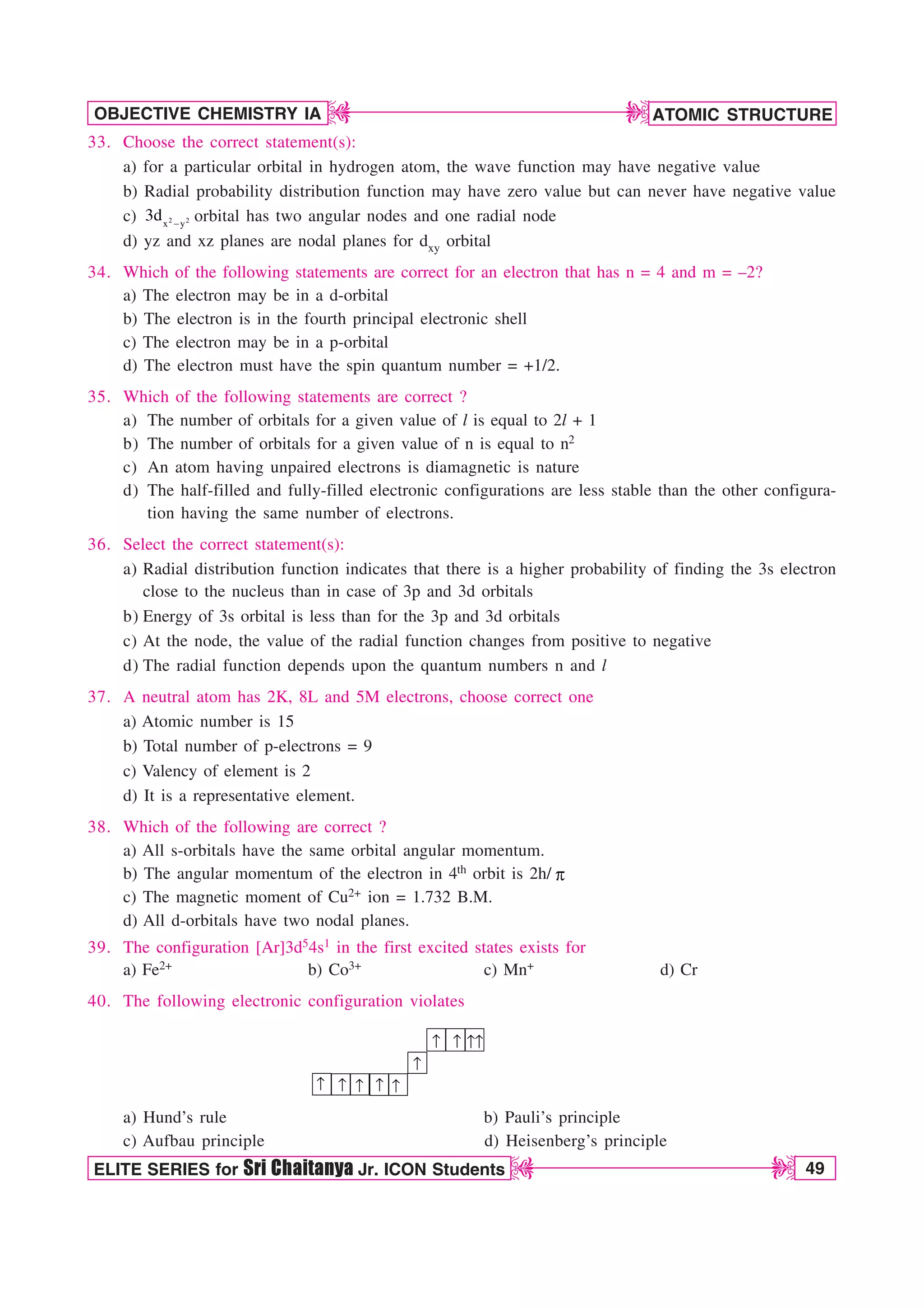 ATOMIC STRUCTURE
49
OBJECTIVE CHEMISTRY IA
ELITE SERIES for Sri Chaitanya Jr. ICON Students
D
D
D
D
33. Choose the correct statement(s):
a) for a particular orbital in hydrogen atom, the wave function may have negative value
b) Radial probability distribution function may have zero value but can never have negative value
c) 2 2
x y
3d 
orbital has two angular nodes and one radial node
d) yz and xz planes are nodal planes for dxy orbital
34. Which of the following statements are correct for an electron that has n = 4 and m = –2?
a) The electron may be in a d-orbital
b) The electron is in the fourth principal electronic shell
c) The electron may be in a p-orbital
d) The electron must have the spin quantum number = +1/2.
35. Which of the following statements are correct ?
a) The number of orbitals for a given value of l is equal to 2l + 1
b) The number of orbitals for a given value of n is equal to n2
c) An atom having unpaired electrons is diamagnetic is nature
d) The half-filled and fully-filled electronic configurations are less stable than the other configura-
tion having the same number of electrons.
36. Select the correct statement(s):
a) Radial distribution function indicates that there is a higher probability of finding the 3s electron
close to the nucleus than in case of 3p and 3d orbitals
b) Energy of 3s orbital is less than for the 3p and 3d orbitals
c) At the node, the value of the radial function changes from positive to negative
d) The radial function depends upon the quantum numbers n and l
37. A neutral atom has 2K, 8L and 5M electrons, choose correct one
a) Atomic number is 15
b) Total number of p-electrons = 9
c) Valency of element is 2
d) It is a representative element.
38. Which of the following are correct ?
a) All s-orbitals have the same orbital angular momentum.
b) The angular momentum of the electron in 4th orbit is 2h/ Q
c) The magnetic moment of Cu2+ ion = 1.732 B.M.
d) All d-orbitals have two nodal planes.
39. The configuration [Ar]3d54s1 in the first excited states exists for
a) Fe2+ b) Co3+ c) Mn+ d) Cr
40. The following electronic configuration violates
↑ ↑ ↑ ↑ ↑
↑
↑ ↑ ↑↑
a) Hund’s rule b) Pauli’s principle
c) Aufbau principle d) Heisenberg’s principle
 