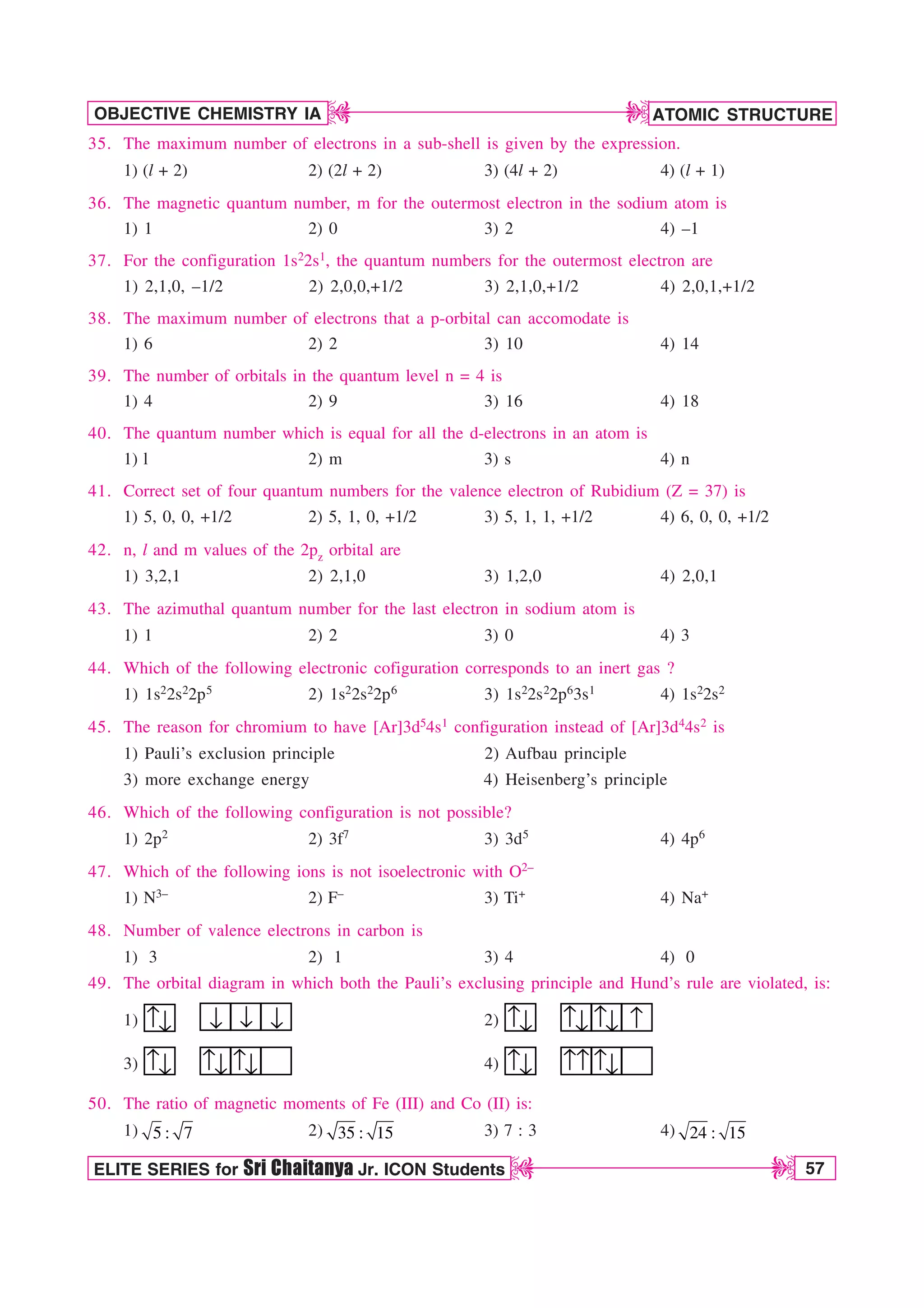 ATOMIC STRUCTURE
57
OBJECTIVE CHEMISTRY IA
ELITE SERIES for Sri Chaitanya Jr. ICON Students
D
D
D
D
35. The maximum number of electrons in a sub-shell is given by the expression.
1) (l + 2) 2) (2l + 2) 3) (4l + 2) 4) (l + 1)
36. The magnetic quantum number, m for the outermost electron in the sodium atom is
1) 1 2) 0 3) 2 4) –1
37. For the configuration 1s22s1, the quantum numbers for the outermost electron are
1) 2,1,0, –1/2 2) 2,0,0,+1/2 3) 2,1,0,+1/2 4) 2,0,1,+1/2
38. The maximum number of electrons that a p-orbital can accomodate is
1) 6 2) 2 3) 10 4) 14
39. The number of orbitals in the quantum level n = 4 is
1) 4 2) 9 3) 16 4) 18
40. The quantum number which is equal for all the d-electrons in an atom is
1) l 2) m 3) s 4) n
41. Correct set of four quantum numbers for the valence electron of Rubidium (Z = 37) is
1) 5, 0, 0, +1/2 2) 5, 1, 0, +1/2 3) 5, 1, 1, +1/2 4) 6, 0, 0, +1/2
42. n, l and m values of the 2pz orbital are
1) 3,2,1 2) 2,1,0 3) 1,2,0 4) 2,0,1
43. The azimuthal quantum number for the last electron in sodium atom is
1) 1 2) 2 3) 0 4) 3
44. Which of the following electronic cofiguration corresponds to an inert gas ?
1) 1s22s22p5 2) 1s22s22p6 3) 1s22s22p63s1 4) 1s22s2
45. The reason for chromium to have [Ar]3d54s1 configuration instead of [Ar]3d44s2 is
1) Pauli’s exclusion principle 2) Aufbau principle
3) more exchange energy 4) Heisenberg’s principle
46. Which of the following configuration is not possible?
1) 2p2 2) 3f7 3) 3d5 4) 4p6
47. Which of the following ions is not isoelectronic with O2–
1) N3– 2) F– 3) Ti+ 4) Na+
48. Number of valence electrons in carbon is
1) 3 2) 1 3) 4 4) 0
49. The orbital diagram in which both the Pauli’s exclusing principle and Hund’s rule are violated, is:
1) ↓ ↓ ↓
↑↓ 2) ↑↓ ↑↓ ↑↓ ↑
3) ↑↓ ↑↓ ↑↓ 4) ↑↓ ↑ ↑↓
↑
50. The ratio of magnetic moments of Fe (III) and Co (II) is:
1) 5 : 7 2) 35 : 15 3) 7 : 3 4) 24 : 15
 