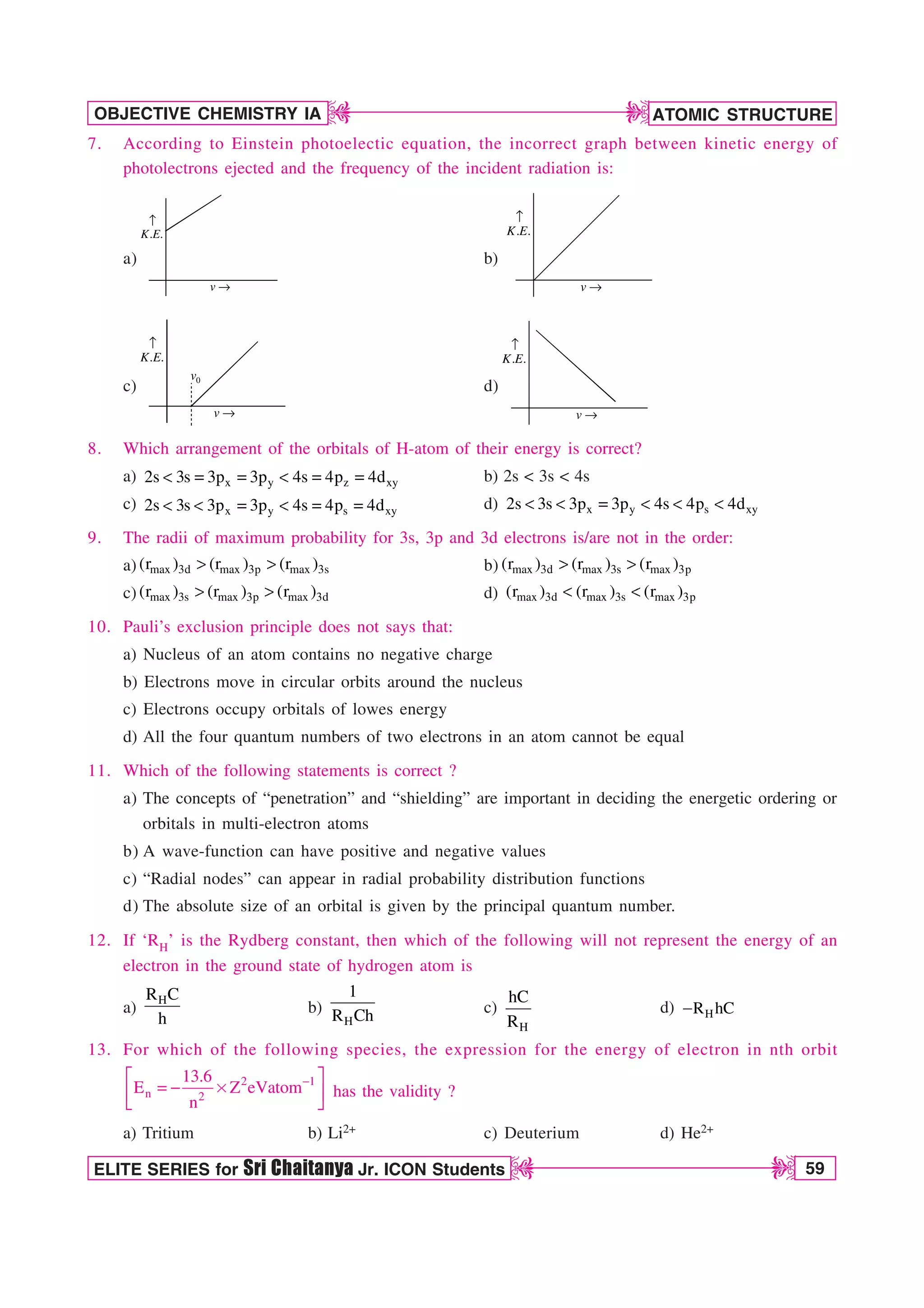 ATOMIC STRUCTURE
59
OBJECTIVE CHEMISTRY IA
ELITE SERIES for Sri Chaitanya Jr. ICON Students
D
D
D
D
7. According to Einstein photoelectic equation, the incorrect graph between kinetic energy of
photolectrons ejected and the frequency of the incident radiation is:
a)
. .
K E
v →
↑
b)
. .
K E
v →
↑
c)
. .
K E
v →
↑
0
v
d)
. .
K E
v →
↑
8. Which arrangement of the orbitals of H-atom of their energy is correct?
a) x y z xy
2s 3s 3p 3p 4s 4p 4d
      b) 2s  3s  4s
c) x y s xy
2s 3s 3p 3p 4s 4p 4d
      d) x y s xy
2s 3s 3p 3p 4s 4p 4d
     
9. The radii of maximum probability for 3s, 3p and 3d electrons is/are not in the order:
a) max 3d max 3p max 3s
(r ) (r ) (r )
  b) max 3d max 3s max 3p
(r ) (r ) (r )
 
c) max 3s max 3p max 3d
(r ) (r ) (r )
  d) max 3d max 3s max 3p
(r ) (r ) (r )
 
10. Pauli’s exclusion principle does not says that:
a) Nucleus of an atom contains no negative charge
b) Electrons move in circular orbits around the nucleus
c) Electrons occupy orbitals of lowes energy
d) All the four quantum numbers of two electrons in an atom cannot be equal
11. Which of the following statements is correct ?
a) The concepts of “penetration” and “shielding” are important in deciding the energetic ordering or
orbitals in multi-electron atoms
b) A wave-function can have positive and negative values
c) “Radial nodes” can appear in radial probability distribution functions
d) The absolute size of an orbital is given by the principal quantum number.
12. If ‘RH’ is the Rydberg constant, then which of the following will not represent the energy of an
electron in the ground state of hydrogen atom is
a)
H
R C
h
b)
H
1
R Ch c)
H
hC
R
d) H
R hC

13. For which of the following species, the expression for the energy of electron in nth orbit
2 1
n 2
13.6
E Z eVatom
n

¨ ·
  s
© ¸
ª ¹
has the validity ?
a) Tritium b) Li2+ c) Deuterium d) He2+
 