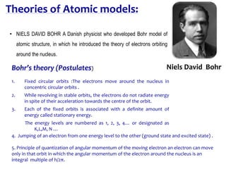 Niels David Bohr
Theories of Atomic models:
Bohr’s theory (Postulates)
1. Fixed circular orbits :The electrons move around the nucleus in
concentric circular orbits .
2. While revolving in stable orbits, the electrons do not radiate energy
in spite of their acceleration towards the centre of the orbit.
3. Each of the fixed orbits is associated with a definite amount of
energy called stationary energy.
The energy levels are numbered as 1, 2, 3, 4… or designated as
K,L,M, N …
4. Jumping of an electron from one energy level to the other (ground state and excited state) .
5. Principle of quantization of angular momentum of the moving electron an electron can move
only in that orbit in which the angular momentum of the electron around the nucleus is an
integral multiple of h/2π.
• NIELS DAVID BOHR A Danish physicist who developed Bohr model of
atomic structure, in which he introduced the theory of electrons orbiting
around the nucleus.
 