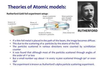 Theories of Atomic models:
RUTHERFORD
Rutherford Gold foil experiment setup:
• If a thin foil metal is placed in the path of the beam, the image becomes diffuse.
• This due to the scattering of α- particles by the atoms of the foil.
• The particles scattered in various directions were counted by scintillation
counter
• It was found that although most of the particles scattered through angles of
the order of 10 or less
• But a small number say about 1 in every 10,000 scattered through 900 or even
1800
• The experiment is known as Rutherford's alpha particle scattering experiment.
 