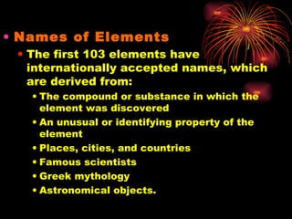 Names of Elements The first 103 elements have internationally accepted names, which are derived from: The compound or substance in which the element was discovered An unusual or identifying property of the element Places, cities, and countries Famous scientists Greek mythology Astronomical objects. 
