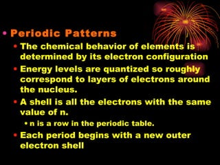 Periodic Patterns The chemical behavior of elements is determined by its electron configuration Energy levels are quantized so roughly correspond to layers of electrons around the nucleus. A shell is all the electrons with the same value of n. n is a row in the periodic table. Each period begins with a new outer electron shell 
