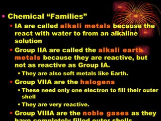 Chemical “Families” IA are called  alkali metals  because the react with water to from an alkaline solution Group IIA are called the  alkali earth metals  because they are reactive, but not as reactive as Group IA. They are also soft metals like Earth. Group VIIA are the  halogens These need only one electron to fill their outer shell They are very reactive. Group VIIIA are the  noble gases  as they have completely filled outer shells They are almost non reactive. 