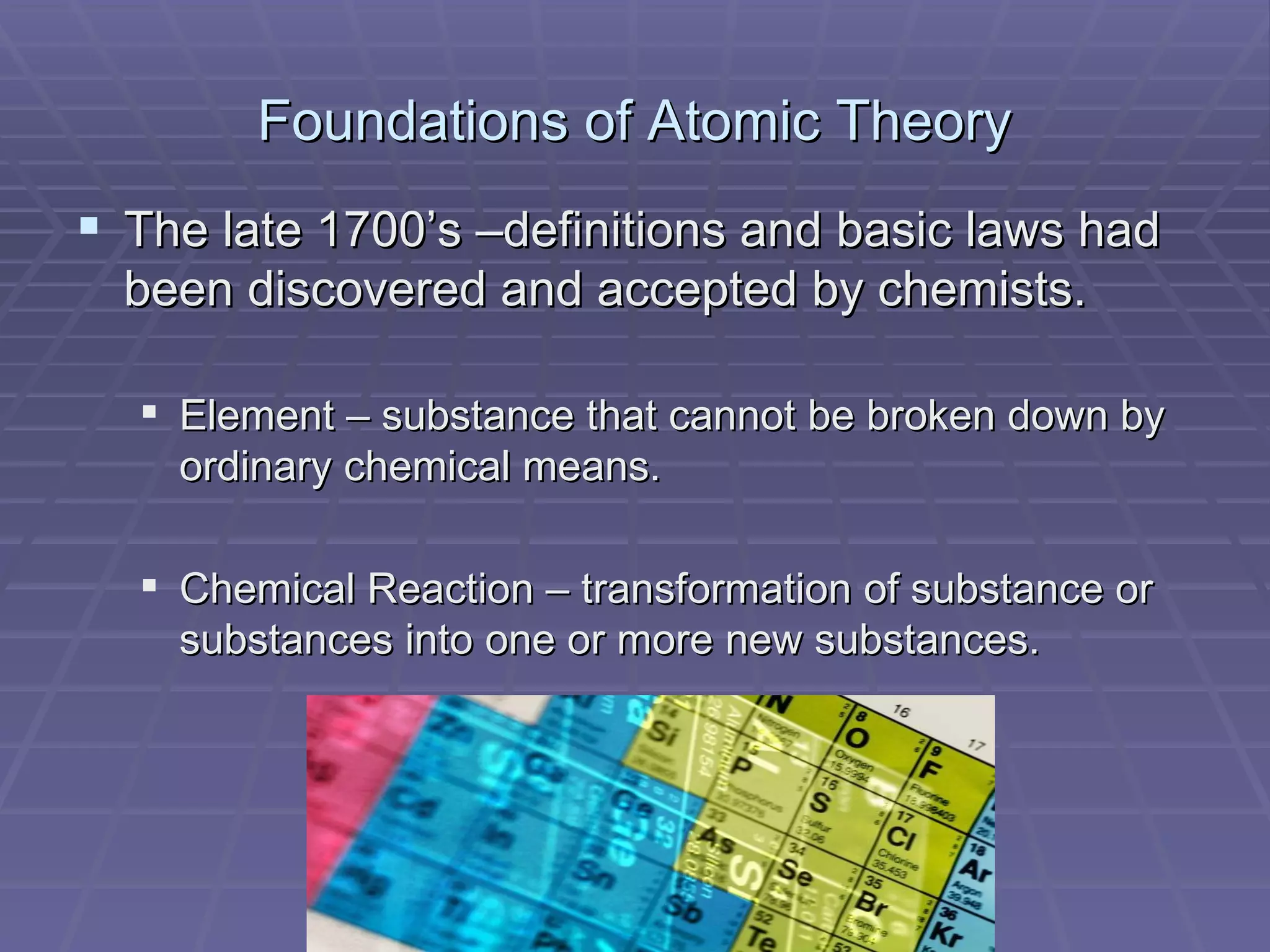 Foundations of Atomic Theory The late 1700’s –definitions and basic laws had been discovered and accepted by chemists. Element – substance that cannot be broken down by ordinary chemical means. Chemical Reaction – transformation of substance or substances into one or more new substances. 