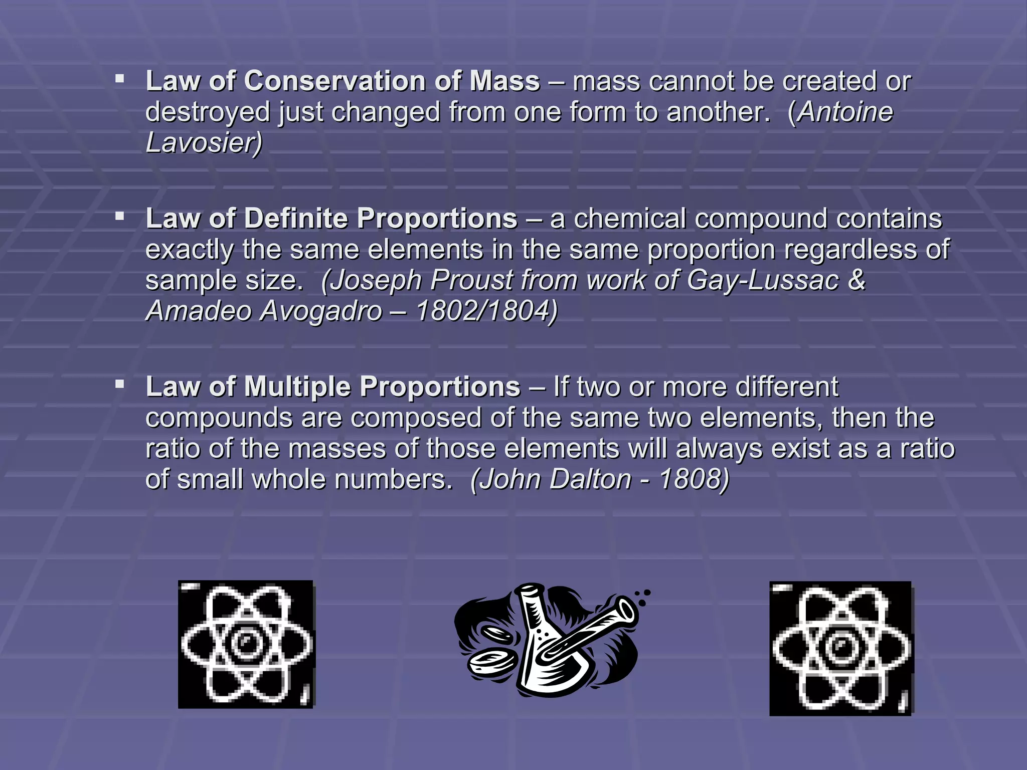 Law of Conservation of Mass  – mass cannot be created or destroyed just changed from one form to another.  ( Antoine Lavosier) Law of Definite Proportions  – a chemical compound contains exactly the same elements in the same proportion regardless of sample size.  (Joseph Proust from work of Gay-Lussac & Amadeo Avogadro – 1802/1804) Law of Multiple Proportions  – If two or more different compounds are composed of the same two elements, then the ratio of the masses of those elements will always exist as a ratio of small whole numbers.  (John Dalton - 1808) 