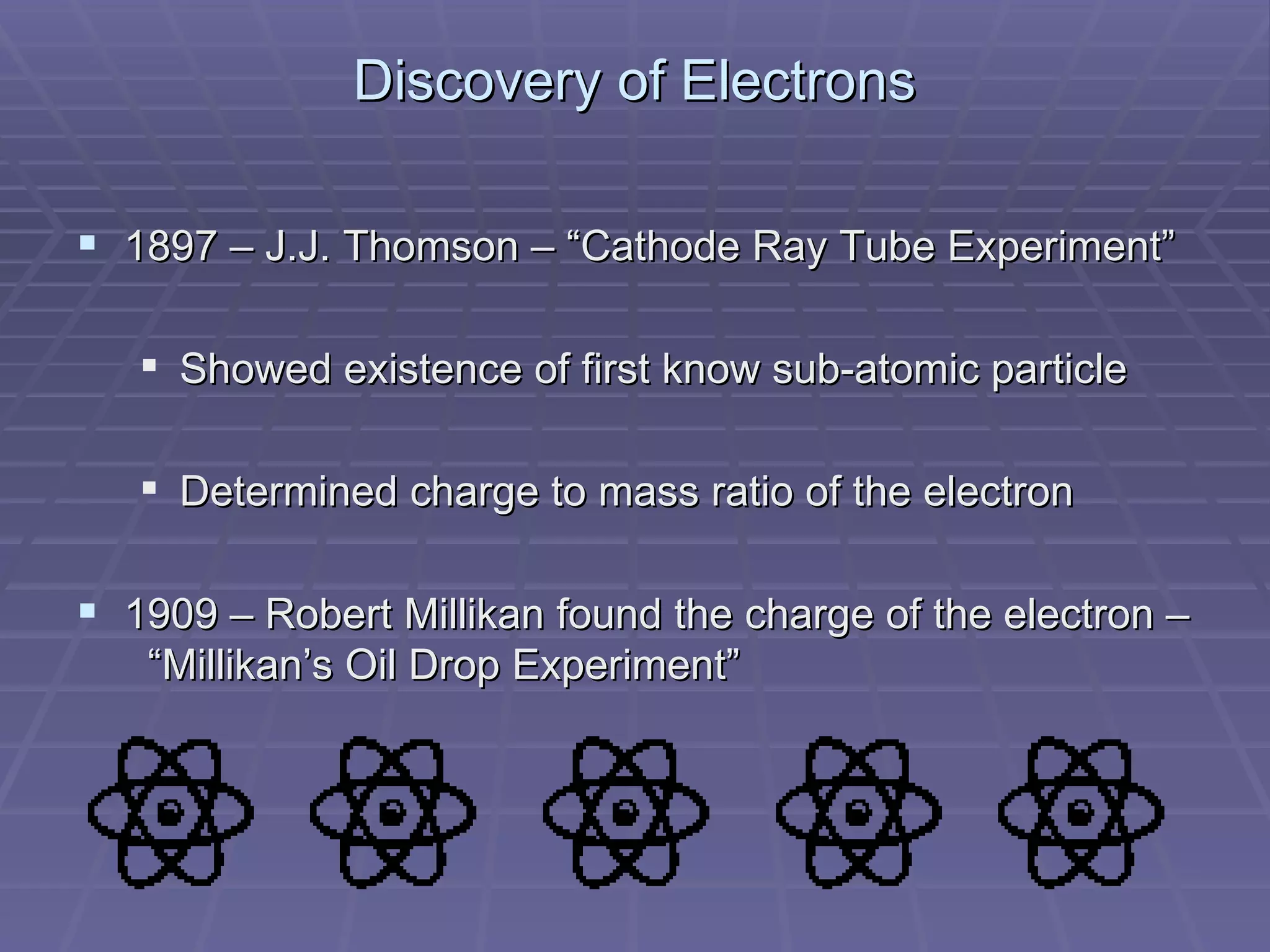 Discovery of Electrons 1897 – J.J. Thomson – “Cathode Ray Tube Experiment” Showed existence of first know sub-atomic particle Determined charge to mass ratio of the electron 1909 – Robert Millikan found the charge of the electron –  “Millikan’s Oil Drop Experiment” 
