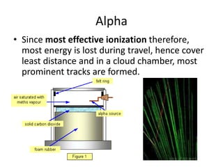 Alpha
• Since most effective ionization therefore,
  most energy is lost during travel, hence cover
  least distance and in a cloud chamber, most
  prominent tracks are formed.
 