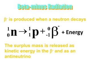 Beta-minus Radiation
b- is produced when a neutron decays

                           + Energy

The surplus mass is released as
kinetic energy in the b- and as an
antineutrino
 