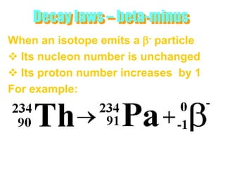 Decay laws – beta-minus
When an isotope emits a b- particle
 Its nucleon number is unchanged
 Its proton number increases by 1
For example:
 