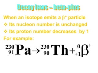 Decay laws – beta-plus
When an isotope emits a b+ particle
 Its nucleon number is unchanged
 Its proton number decreases by 1
For example:
 