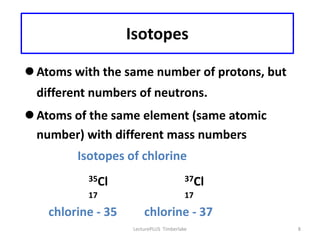 Isotopes

 Atoms with the same number of protons, but
  different numbers of neutrons.
 Atoms of the same element (same atomic
  number) with different mass numbers
         Isotopes of chlorine
           35Cl                          37Cl
           17                            17

    chlorine - 35       chlorine - 37
                    LecturePLUS Timberlake      8
 