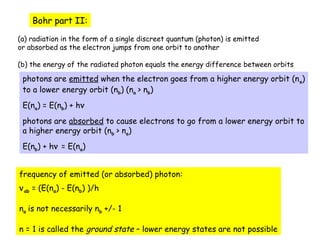 11
Bohr part II:
(a) radiation in the form of a single discreet quantum (photon) is emitted
or absorbed as the electron jumps from one orbit to another
(b) the energy of the radiated photon equals the energy difference between orbits
photons are emitted when the electron goes from a higher energy orbit (na)
to a lower energy orbit (nb) (na > nb)
E(na) = E(nb) + hν
photons are absorbed to cause electrons to go from a lower energy orbit to
a higher energy orbit (nb > na)
E(nb) + hν = E(na)
frequency of emitted (or absorbed) photon:
νab = (E(na) - E(nb) )/h
na is not necessarily nb +/- 1
n = 1 is called the ground state – lower energy states are not possible
 