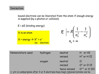 20






−=





−=== 2222
1111'1
abab
ab
ab
ab
nn
R
nnhc
R
c
k
υ
λ
Ionization
bound electrons can be liberated from the atom if enough energy
is supplied (by a photon or collision)
E > ∆E (binding energy)
X is an atom
X + energy  X+
+ e-
ion electron
Nomenclature used: hydrogen neutral H or HI
ionized H+
or H II
oxygen neutral O
ionized O+
or O II
twice ionized O++
or O III
++ etc is cumbersome after 3 or 4 electrons have been removed (atoms can be
E
na = ∞
 