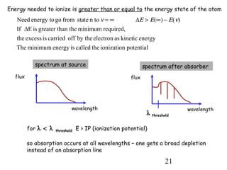 21
Energy needed to ionize is greater than or equal to the energy state of the atom
potentialionizationthecalledisenergyminimumThe
energykineticaselectronby theoffcarriedisexcessthe
required,minimuman thegreater thisEIf
)()(n tostatefromgoenergy toNeed
∆
−∞>∆∞= νΕΕΕν
flux
wavelength
flux
wavelength
spectrum at source spectrum after absorber
λ threshold
for λ < λ threshold E > IP (ionization potential)
so absorption occurs at all wavelengths – one gets a broad depletion
instead of an absorption line
 