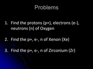 Problems
1. Find the protons (p+), electrons (e-),
neutrons (n) of Oxygen
2. Find the p+, e-, n of Xenon (Xe)
3. Find the p+, e-, n of Zirconium (Zr)
 