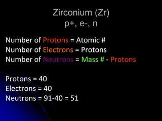 Zirconium (Zr)
p+, e-, n
Number of Protons = Atomic #
Number of Electrons = Protons
Number of Neutrons = Mass # - Protons
Protons = 40
Electrons = 40
Neutrons = 91-40 = 51
 