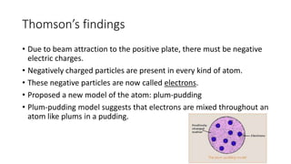 Thomson’s findings 
• Due to beam attraction to the positive plate, there must be negative 
electric charges. 
• Negatively charged particles are present in every kind of atom. 
• These negative particles are now called electrons. 
• Proposed a new model of the atom: plum-pudding 
• Plum-pudding model suggests that electrons are mixed throughout an 
atom like plums in a pudding. 
 