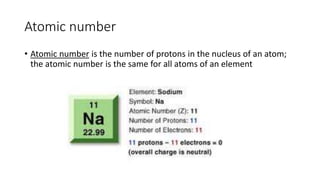Atomic number 
• Atomic number is the number of protons in the nucleus of an atom; 
the atomic number is the same for all atoms of an element 
