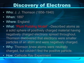 Discovery of Electrons
• Who: J. J. Thomson (1856-1940)
• When: 1897
• Where: England
• What: ”Plum Pudding Model” –Described atoms as
a solid sphere of positively charged material having
negatively charged electrons spread throughout.
Thomson discovered that electrons were smaller
particles of an atom and were negatively charged.
• Why: Thomson knew atoms were neutrally
charged, but couldn’t find the positive particle.
• How: Cathode Ray Experiment
 
