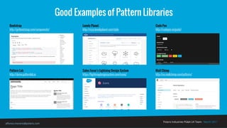 Polaris Industries PG&A UX Team - March 2017
alfonso.moreno@polaris.com
Good Examples of Pattern Libraries
Bootstrap
http://getbootstrap.com/components/
Pattern Lab
http://demo.patternlab.io
Lonely Planet
http://rizzo.lonelyplanet.com/style-
Sales Force’s Lightning Design System
https://lightningdesignsystem.com/icons/
Code Pen
http://codepen.io/guide/
Mail Chimp
http://ux.mailchimp.com/patterns/
 