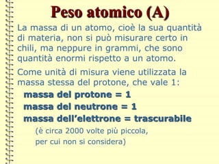 Peso atomico (A)
La massa di un atomo, cioè la sua quantità
di materia, non si può misurare certo in
chili, ma neppure in grammi, che sono
quantità enormi rispetto a un atomo.
Come unità di misura viene utilizzata la
massa stessa del protone, che vale 1:
massa del protone = 1
massa del neutrone = 1
massa dell’elettrone = trascurabile
(è circa 2000 volte più piccola,
per cui non si considera)
 